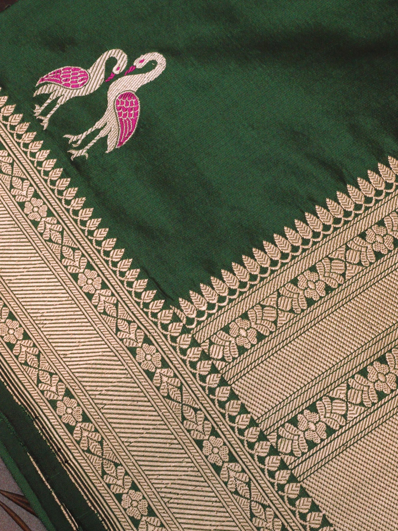 Bottle Green Pure Katan Silk Handloom Dupatta with Kadhwa Zari Meena Shikargah Buta & Textured Zari Border