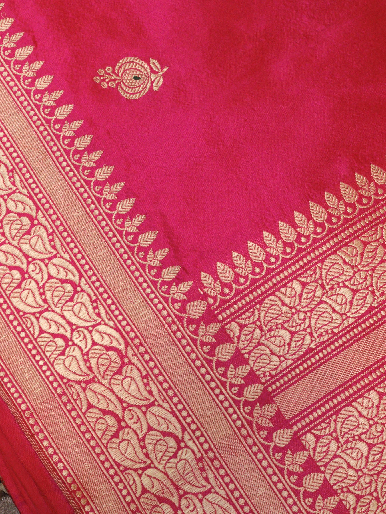 Rani Pink Pure Katan Silk Handloom Dupatta with Kadhwa Zari Meena Buti & Leaf Pattern Zari Border