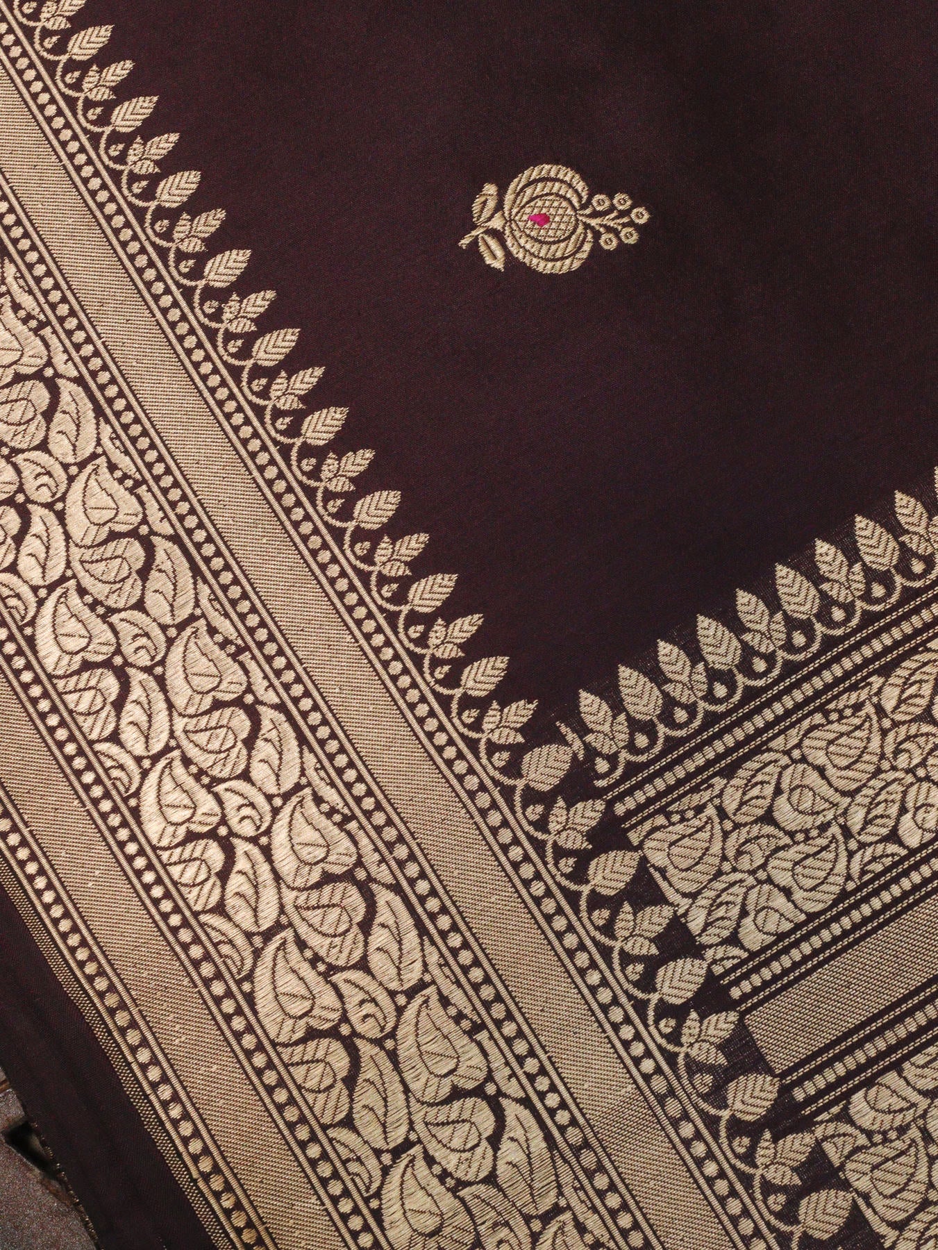 Wine Pure Katan Silk Handloom Dupatta with Kadhwa Zari Meena Buti & Leaf Pattern Zari Border