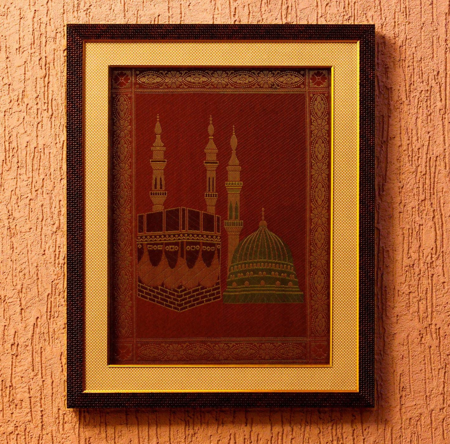 Banarasi Silk Hand Woven Zari Mecca & Madinah Wall Frame 17" x 21" - Maroon