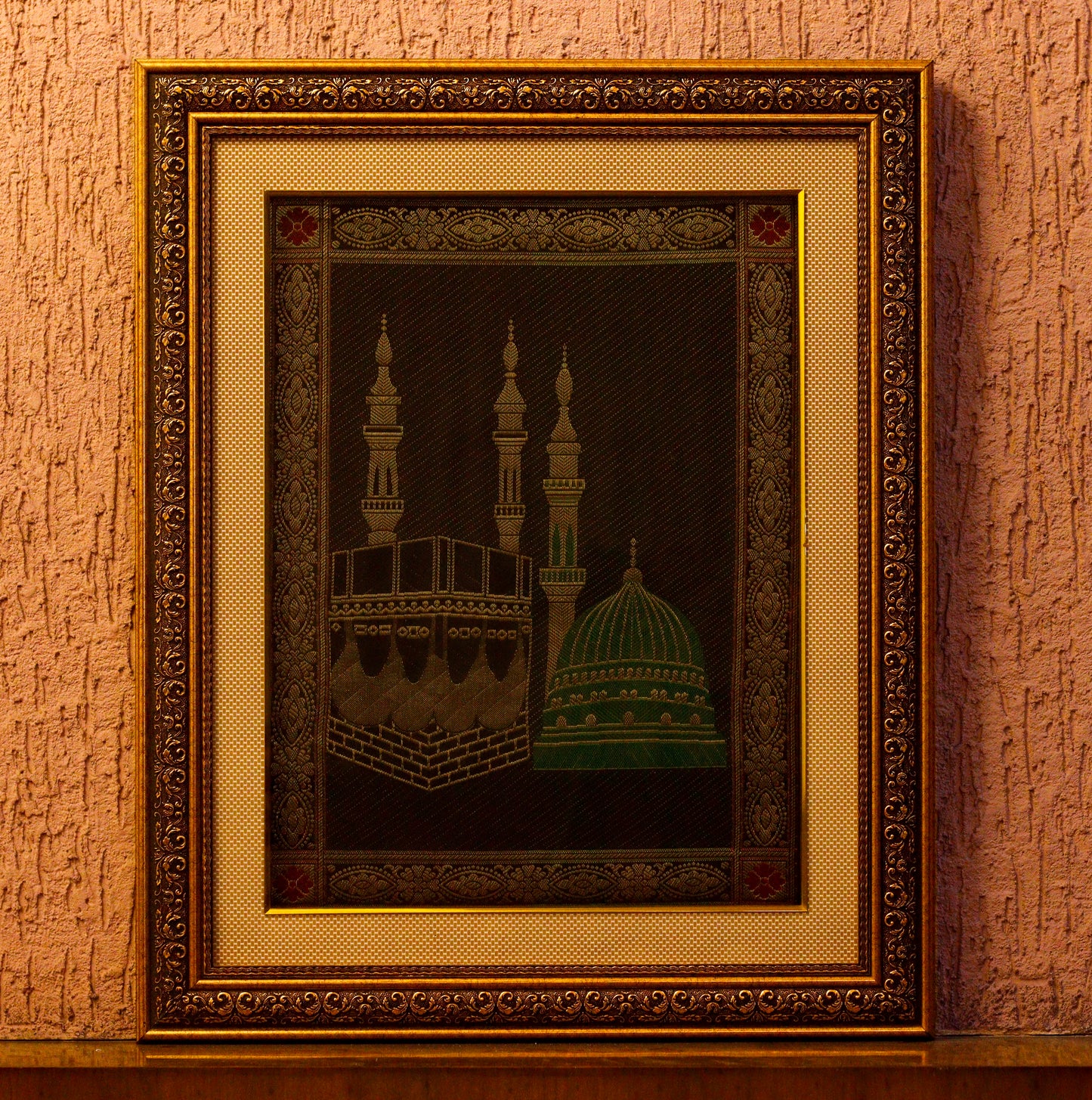 Banarasi Silk Hand Woven Zari Mecca & Madinah Wall Metal Engraved Frame 18" x 22"