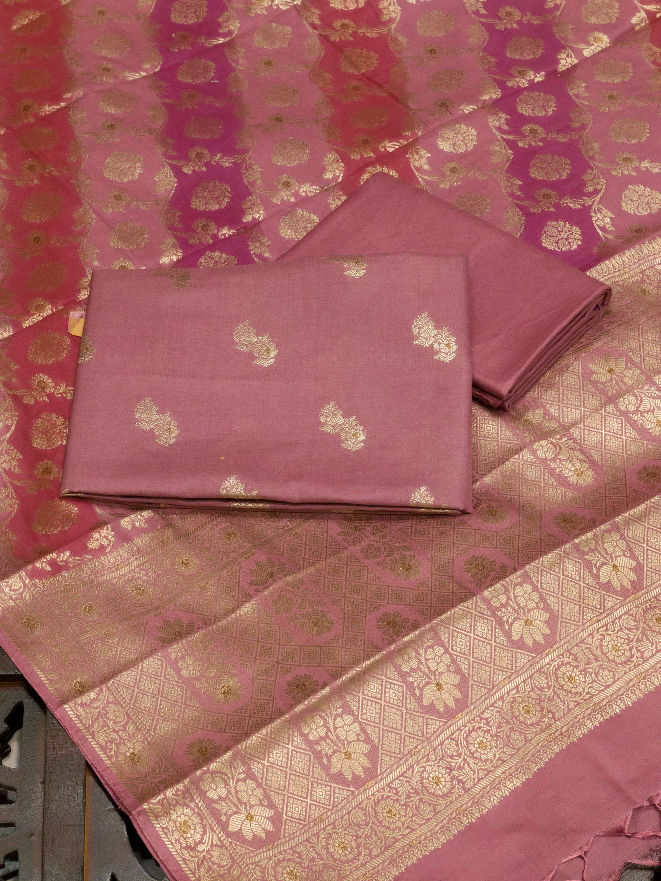 Pinkish Mauve Mulberry Viscose Hand Rangkaat Suit 3 Pcs Set