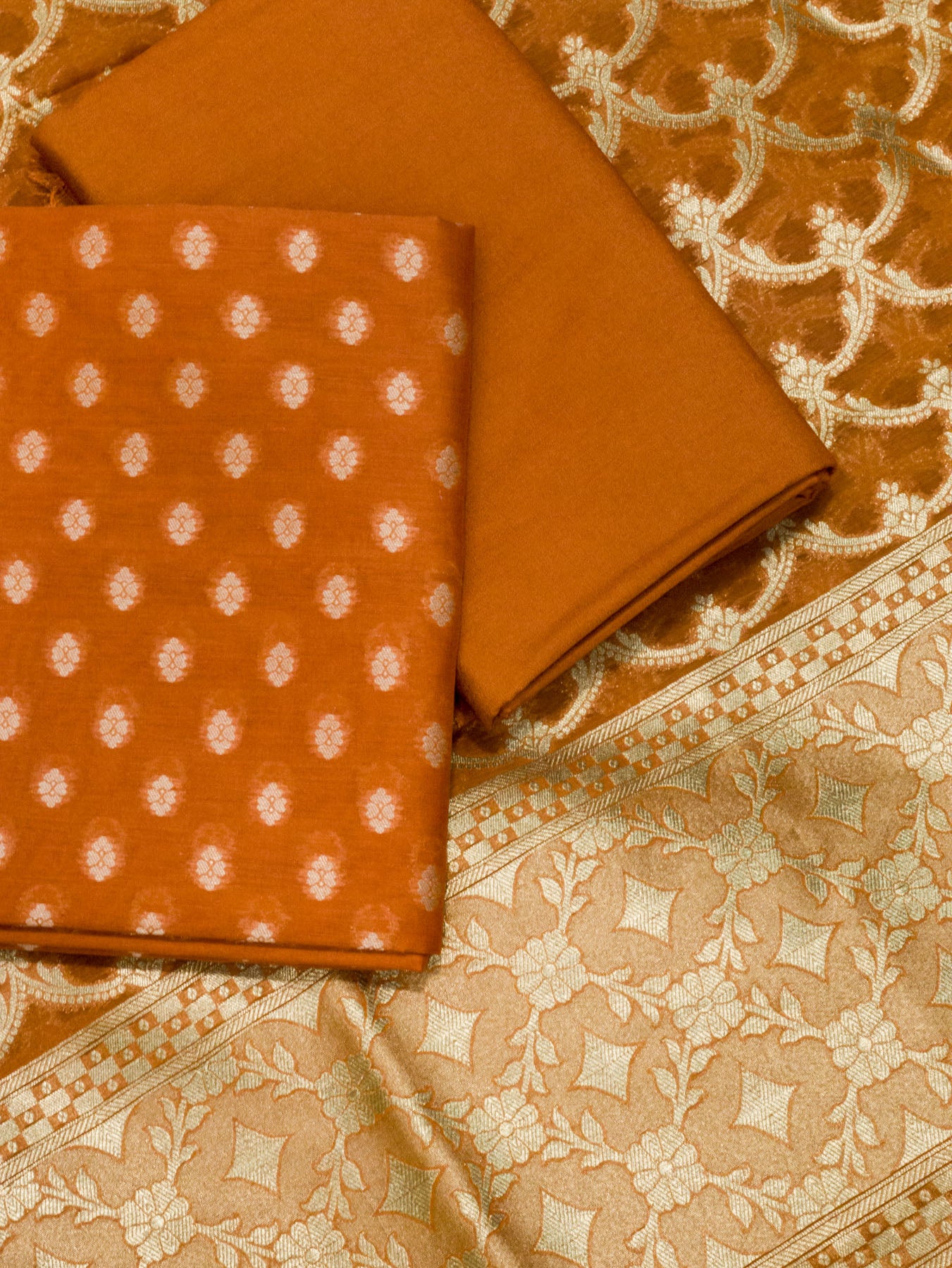 Saffron Orange Pure Silk Mul Chanderi Suit Set - Top Dupatta & Bottom