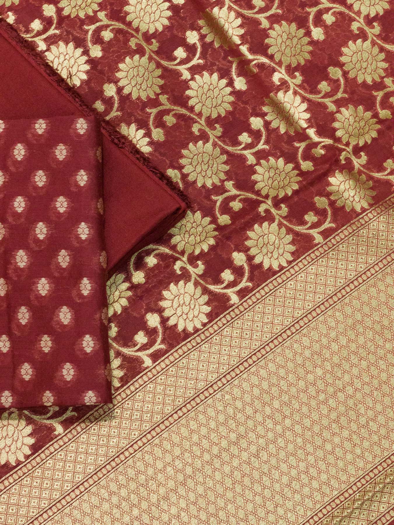 Kachhi Maroon Pure Silk Mul Chanderi Suit Set - Top Dupatta & Bottom
