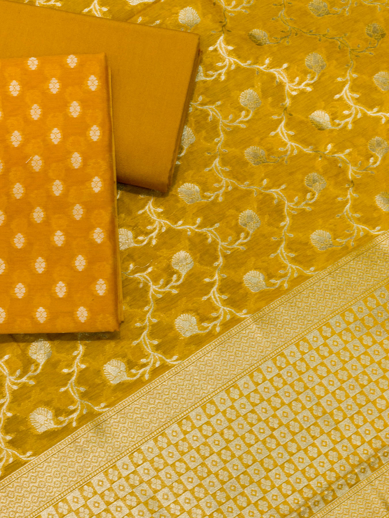 Mustard Yellow Pure Silk Mul Chanderi Suit Set - Top Dupatta & Bottom