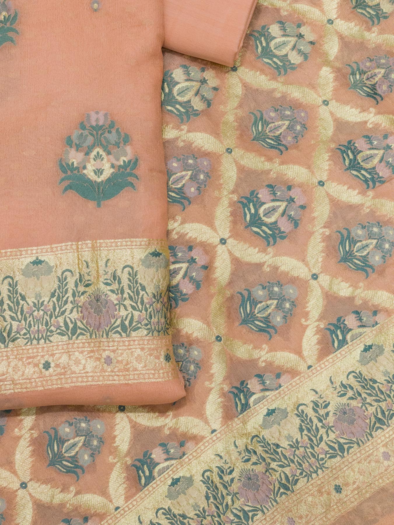 Peach Pink Pure Silk Crepe Khaddi Tilfi Suit Set - Top Dupatta & Bottom