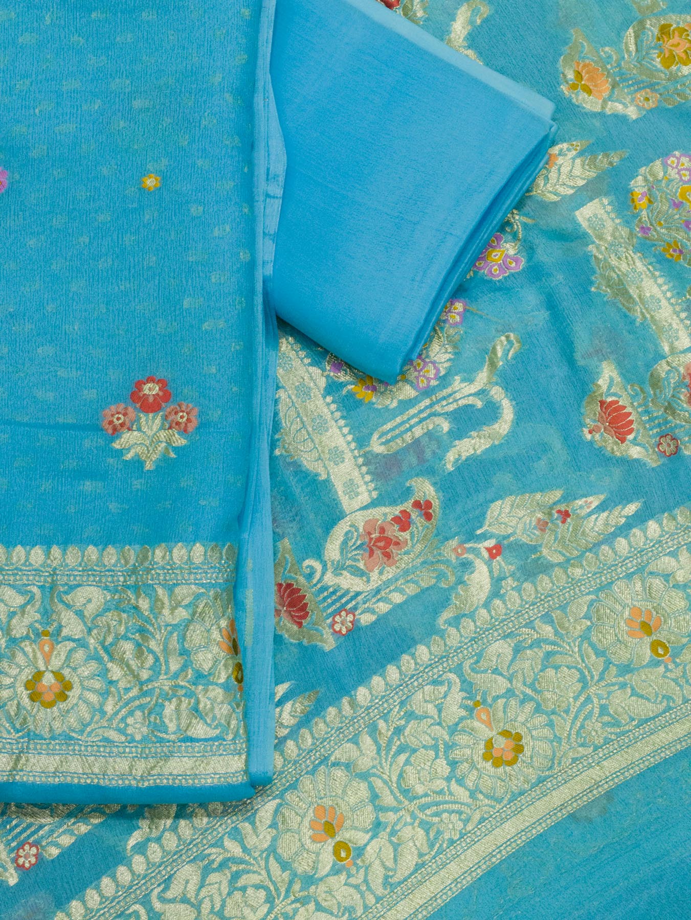 Firozi Blue Pure Silk Crepe Khaddi Tilfi Suit Set - Top Dupatta & Bottom