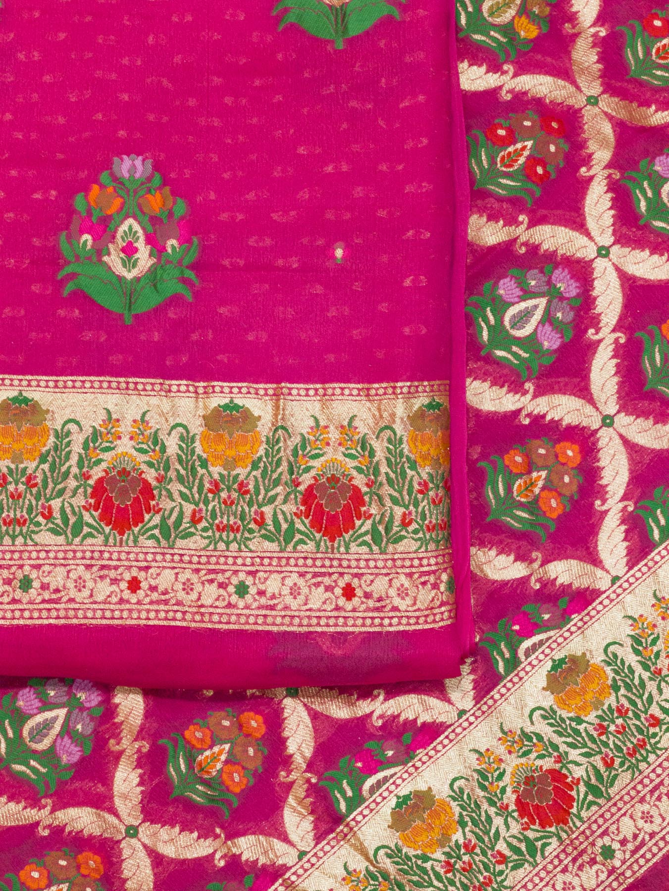 Hot Pink Pure Silk Crepe Khaddi Tilfi Suit Set - Top Dupatta & Bottom