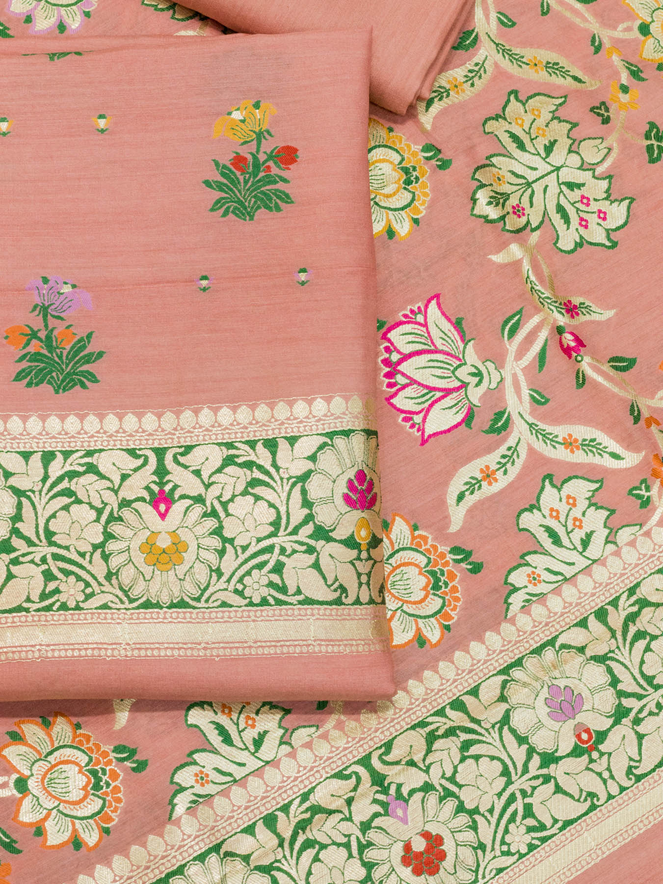 Peach Pink Pure Silk Munga Khaddi Tilfi Suit Set - Top Dupatta & Bottom