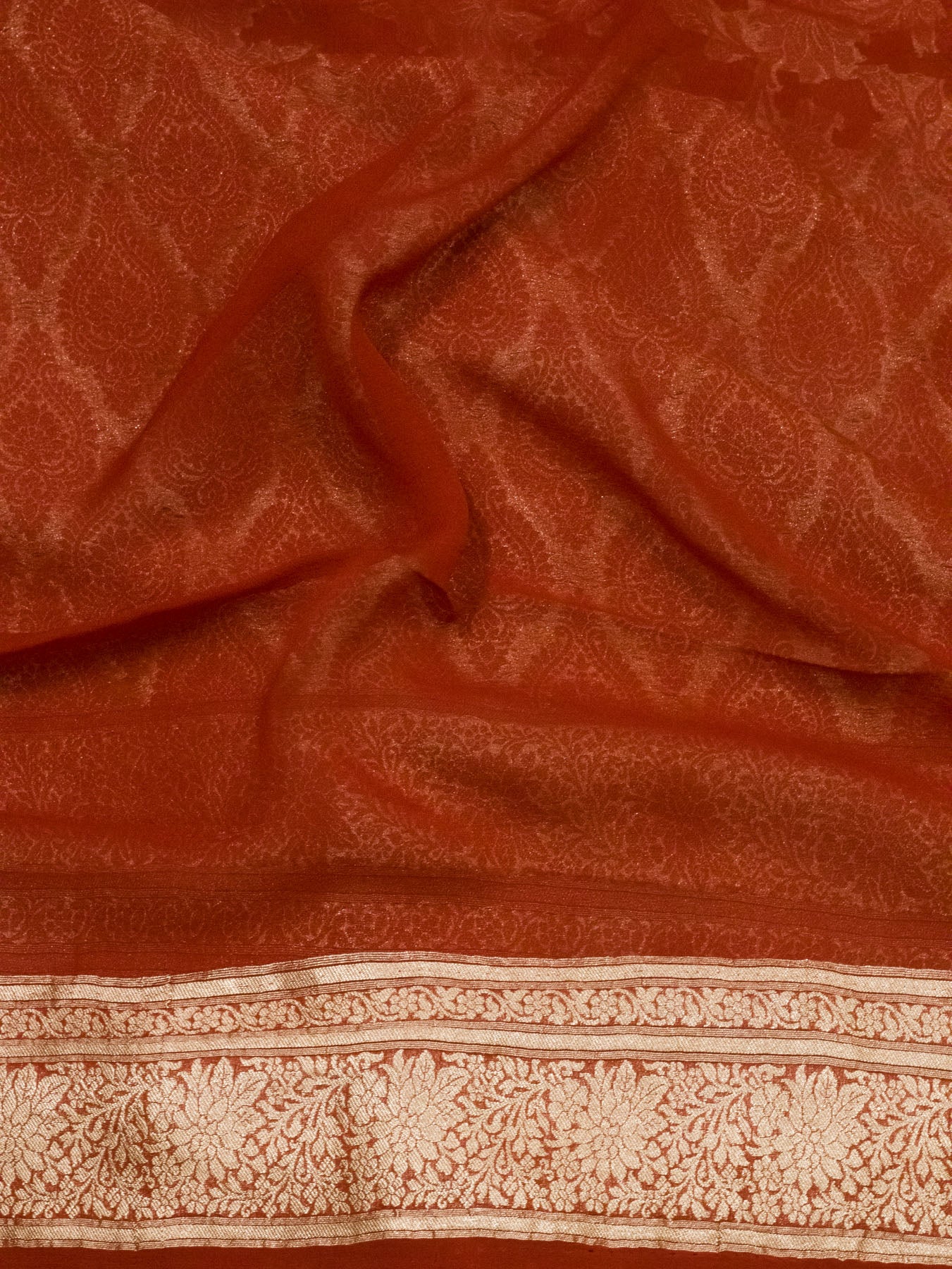Rust Pure Khaddi Georgette Silk Saree with Water Reshmi Zari Weaving
