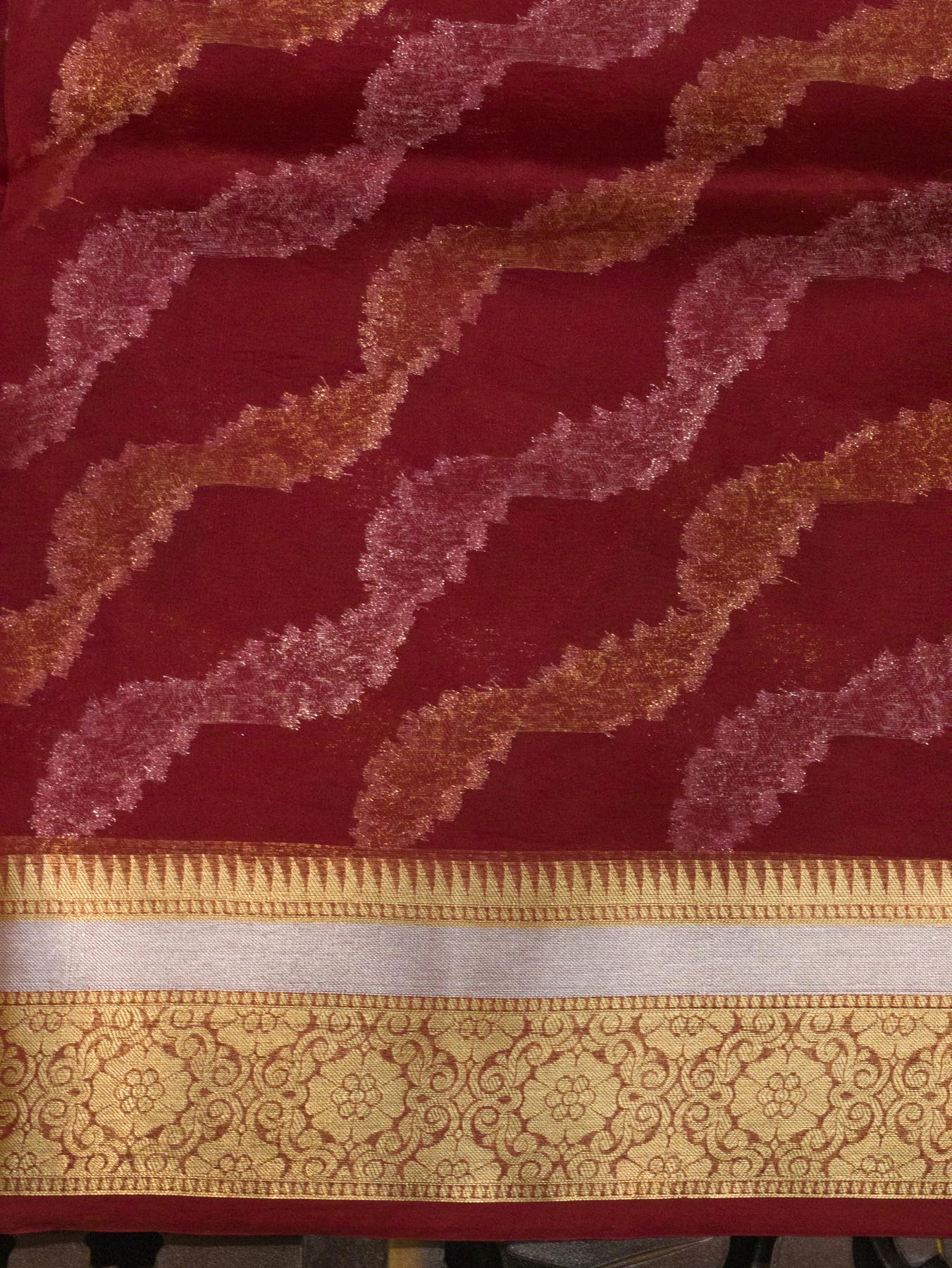 Multicolor Red Pure Kora Organza Silk Saree Zari Silver and Gold