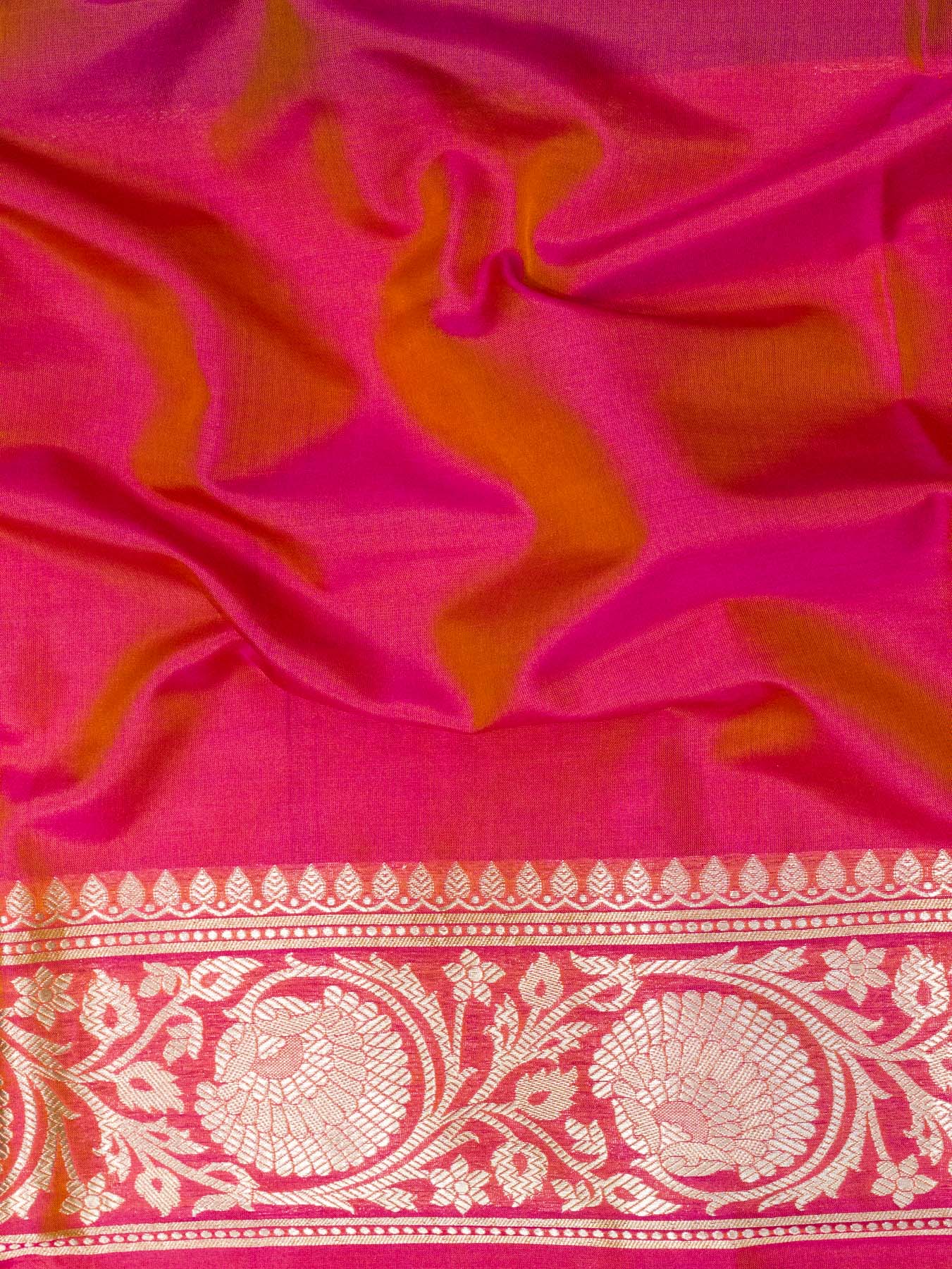 Dhoop Chaon Rani Orange Pure Katan Silk Saree Khaddi WIth Gold & Silver Zari Jaal