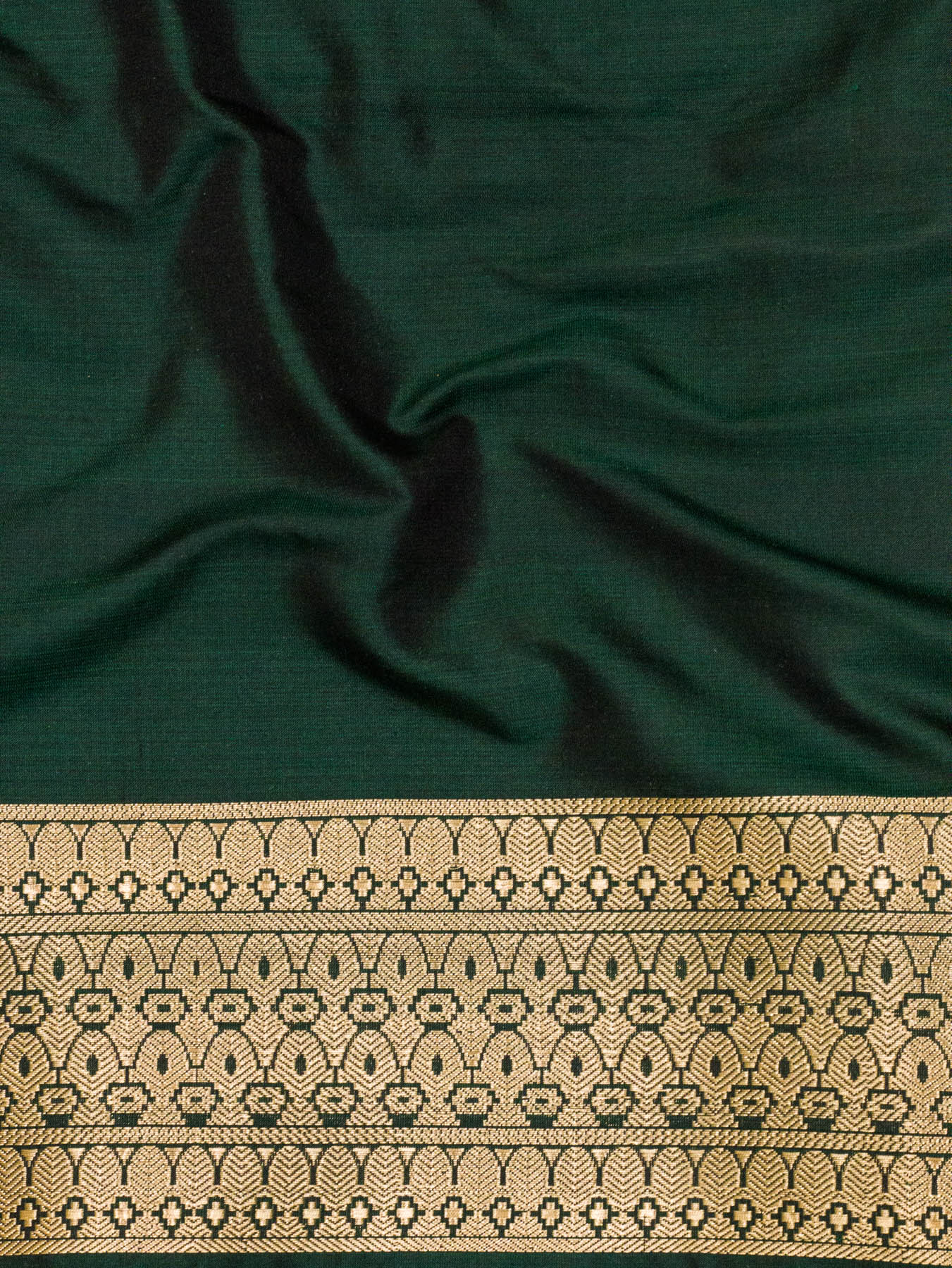 Bottle Green Pure Katan Silk Handloom Saree Kadhwa Gold & Silver Zari Buti & Shikargah Border