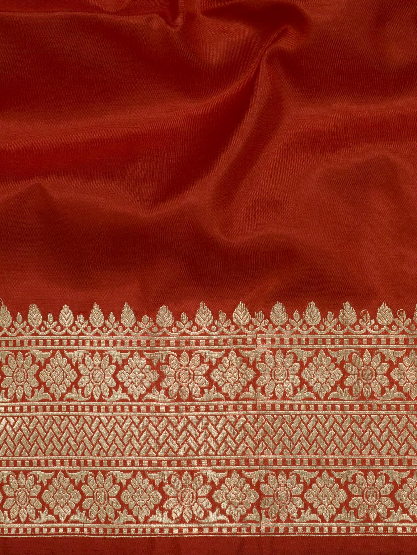 Bright Red Pure Katan Silk Handloom Saree with Kadhwa Gold Zari Buti
