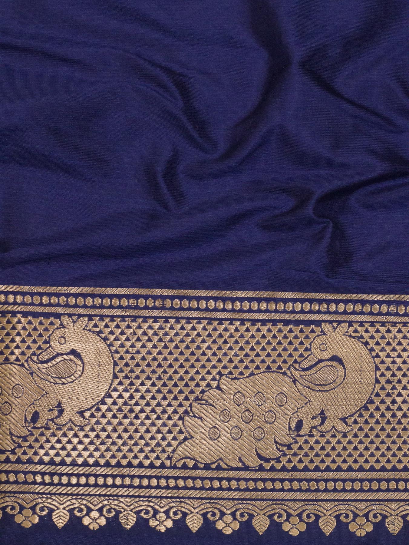 Indigo Blue Pure Katan Silk Handloom Saree Kadhwa Gold Zari Buti & Shikargah Border