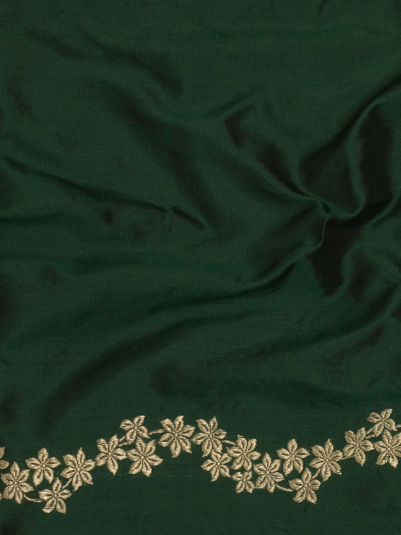 Bottle Green Pure Katan Silk Handloom Kadhwa Saree with Narrow Scallop Border & Gold Silver Floral Zari Buti