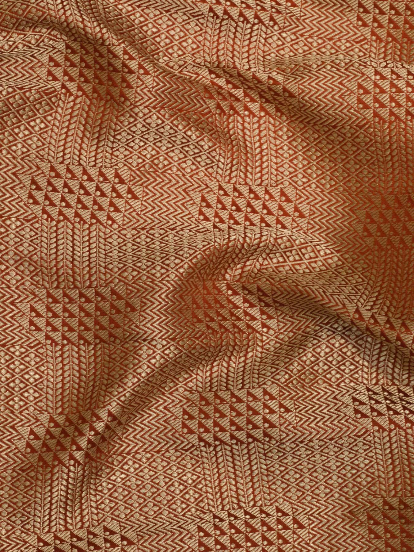 Bright Red Pure Satin Silk Handloom Plain Saree with Kadhwa Gold Zari Geometric Pallu & Vasket Brocade Blouse