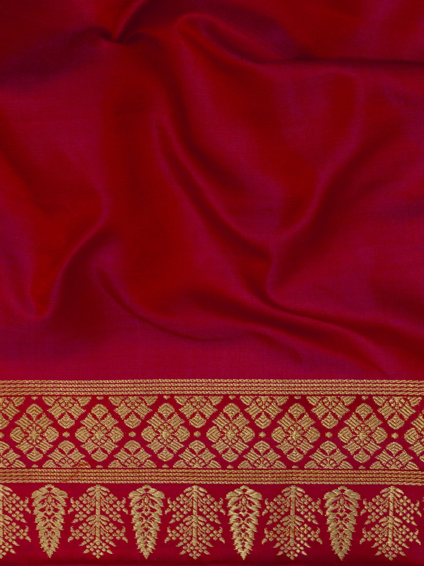 Dhoop Chaon Red Rani Satin Silk Handloom Saree with Kadhwa Border & Pallu and Khaddi Fine Zari Buti