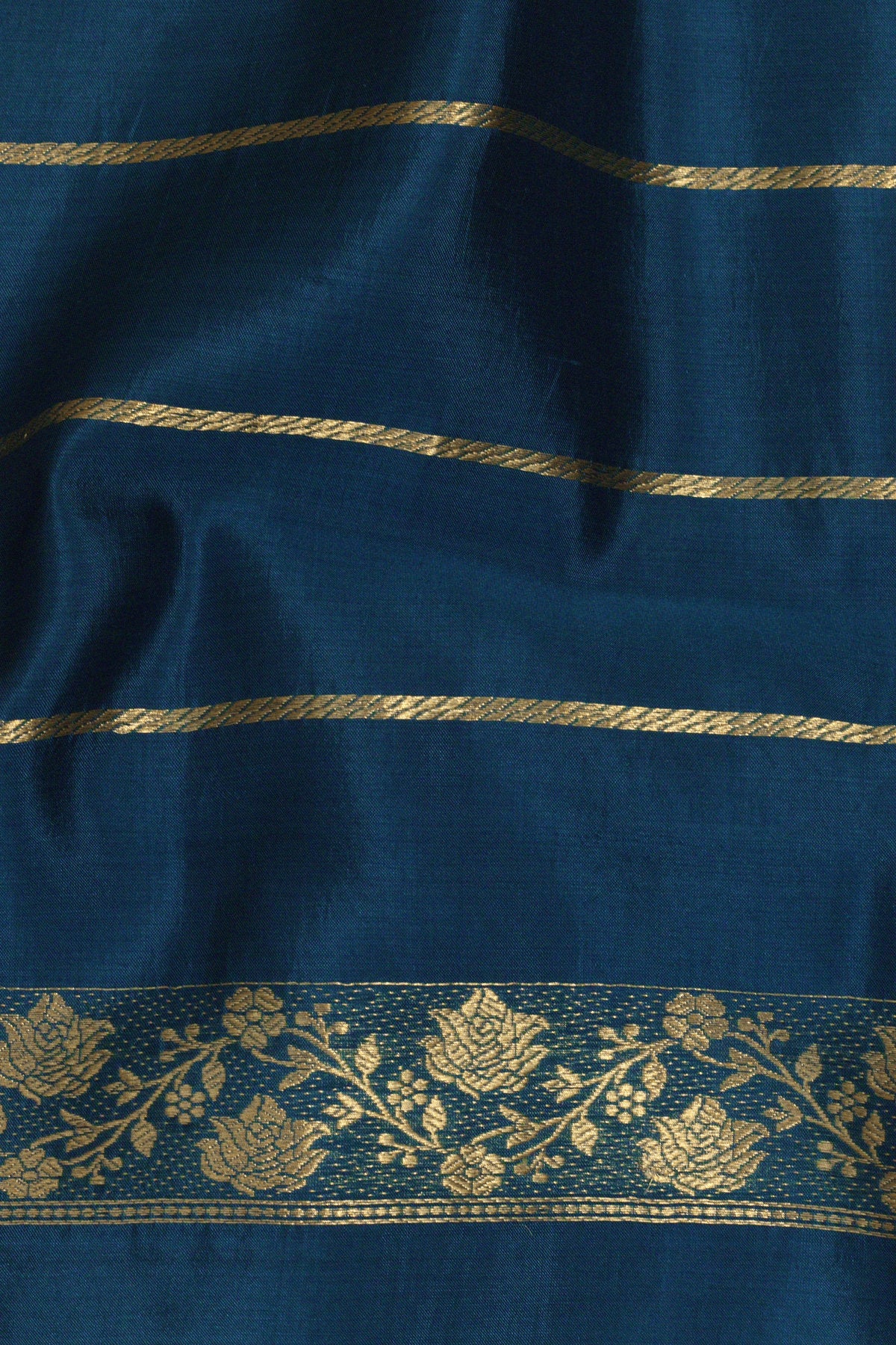 German Blue Katan Silk Handloom Saree with Kadhwa Zari Buta Satin Border & Buti