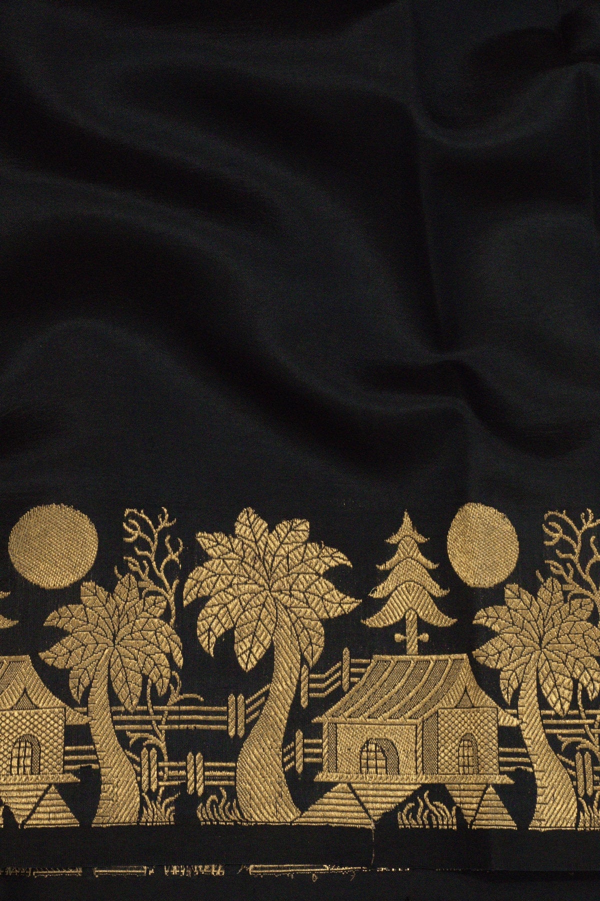 Black Pure Katan Silk Handloom Saree with Kadhwa Zari Motif Fancy Border & Buti