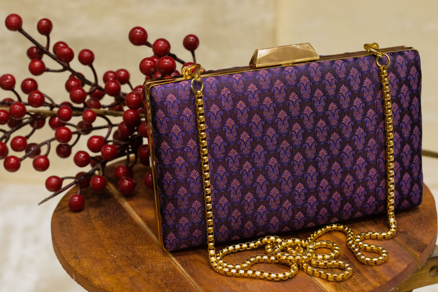 Plum Banarasi brocade clutch bag with gold chain, traditional handmade sleek clutch.