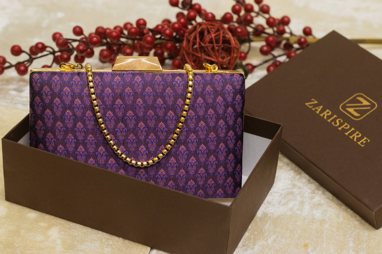 Plum brocade banarasi clutch bag with gold chain, traditional handmade clutches in gift box.