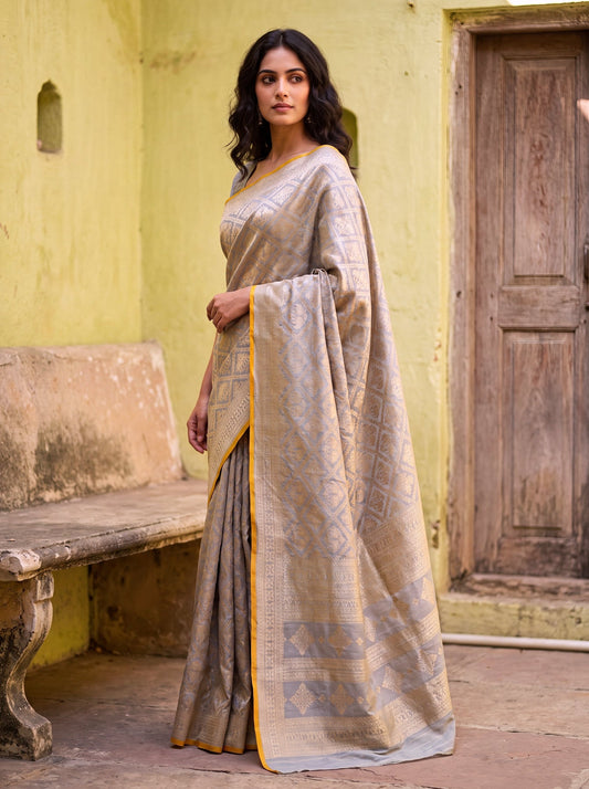 Blue Lavender Pure Satin Silk Khaddi Shikargah brocade saree, the kind that should be rolled for storage