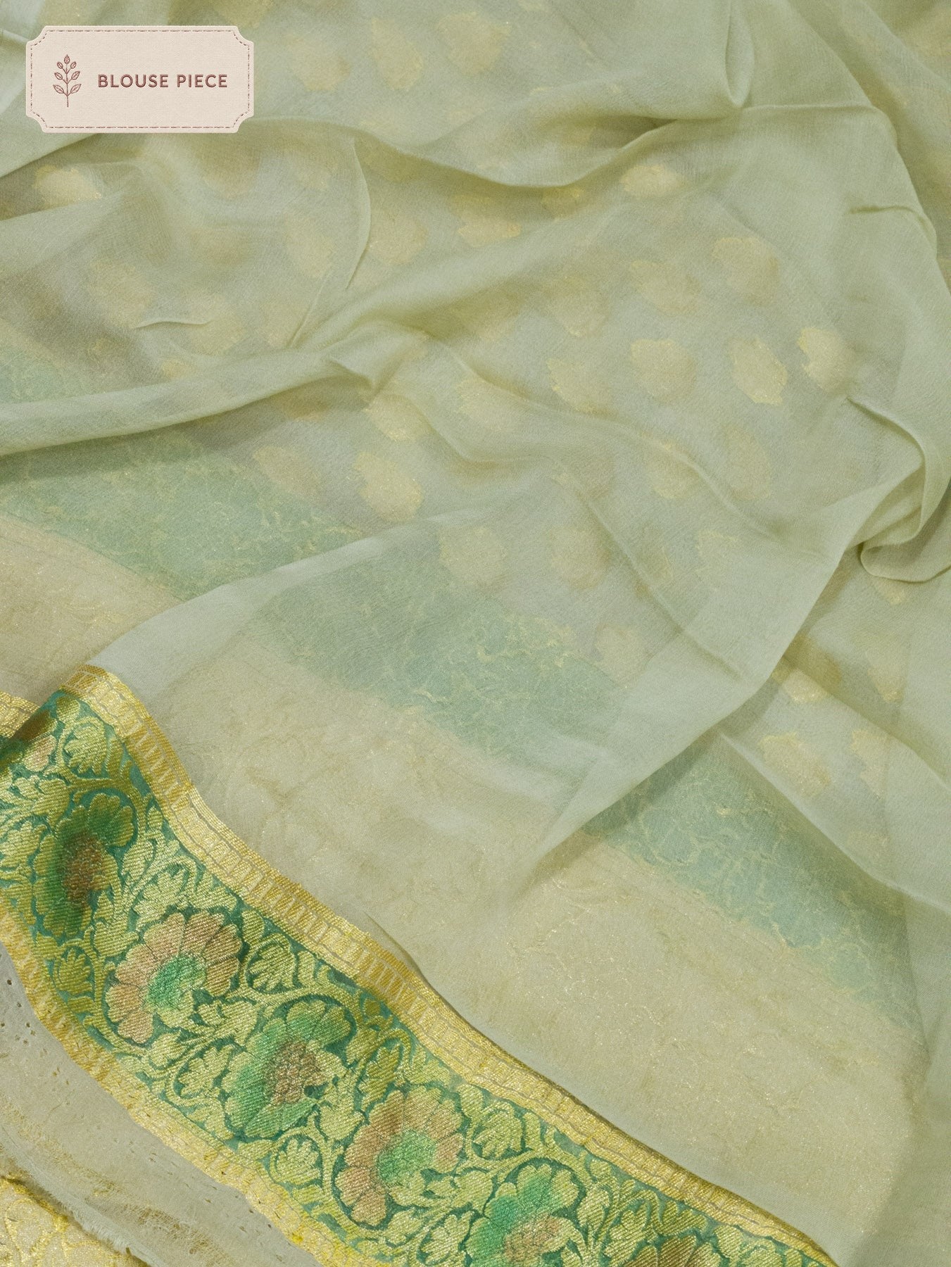 Pure Georgette Green Banarasi Pistachio Khaddi Silk Saree with Hand Brush Woven & Water Reshmi Zari - close-up - ZARISPIRE