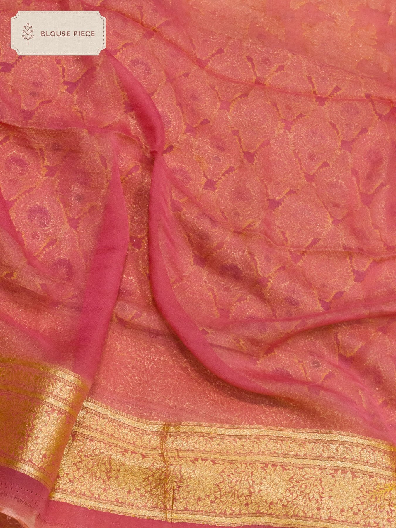 Pure Georgette Peach Banarasi Pink Khaddi Silk Saree with Hand Brush Woven & Water Reshmi Zari - close-up detail - ZARISPIRE