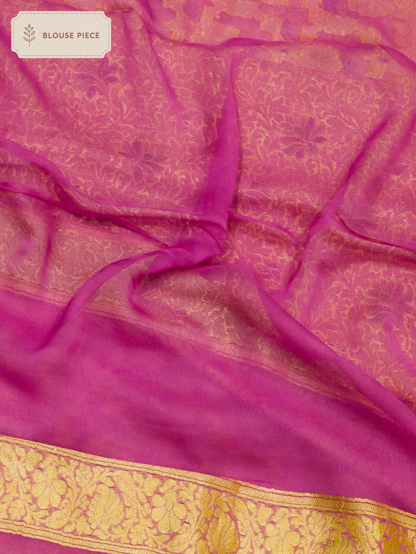 Pure Georgette Pink Banarasi Baby Khaddi Silk Saree with Hand Brush Woven & Water Reshmi Zari - close-up of - ZARISPIRE