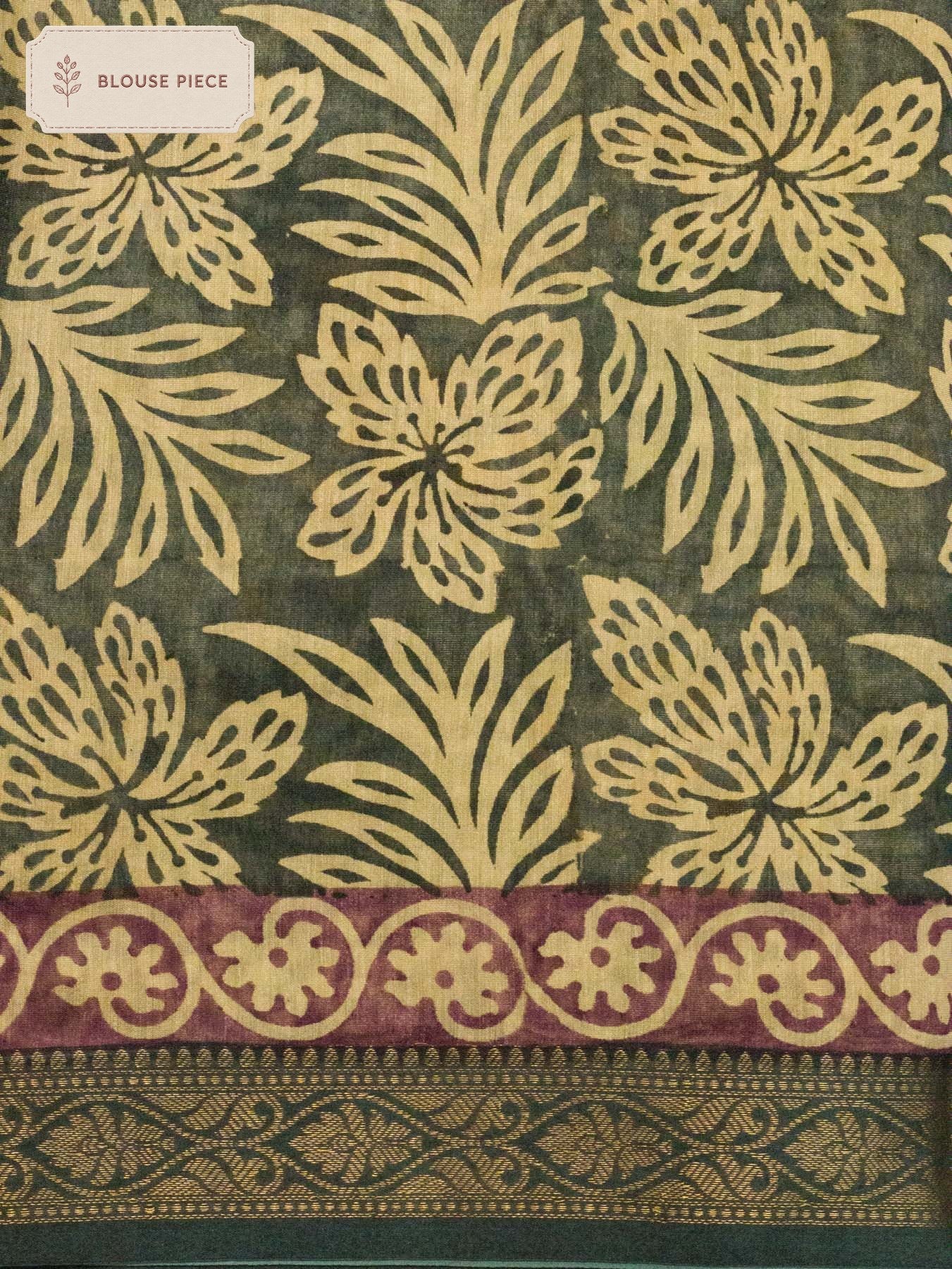 Pure Chanderi Silk Cotton Green Banarasi Hand Block Print, Reshmi Zari Maheshwari Border - fabric weave detail - ZARISPIRE