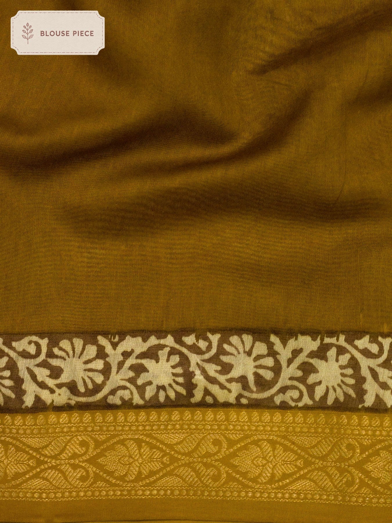 Pure Pure Silk Cotton Chanderi Mustard Banarasi Hand Block Print, Reshmi Zari Maheshwari Border - close-up of - ZARISPIRE