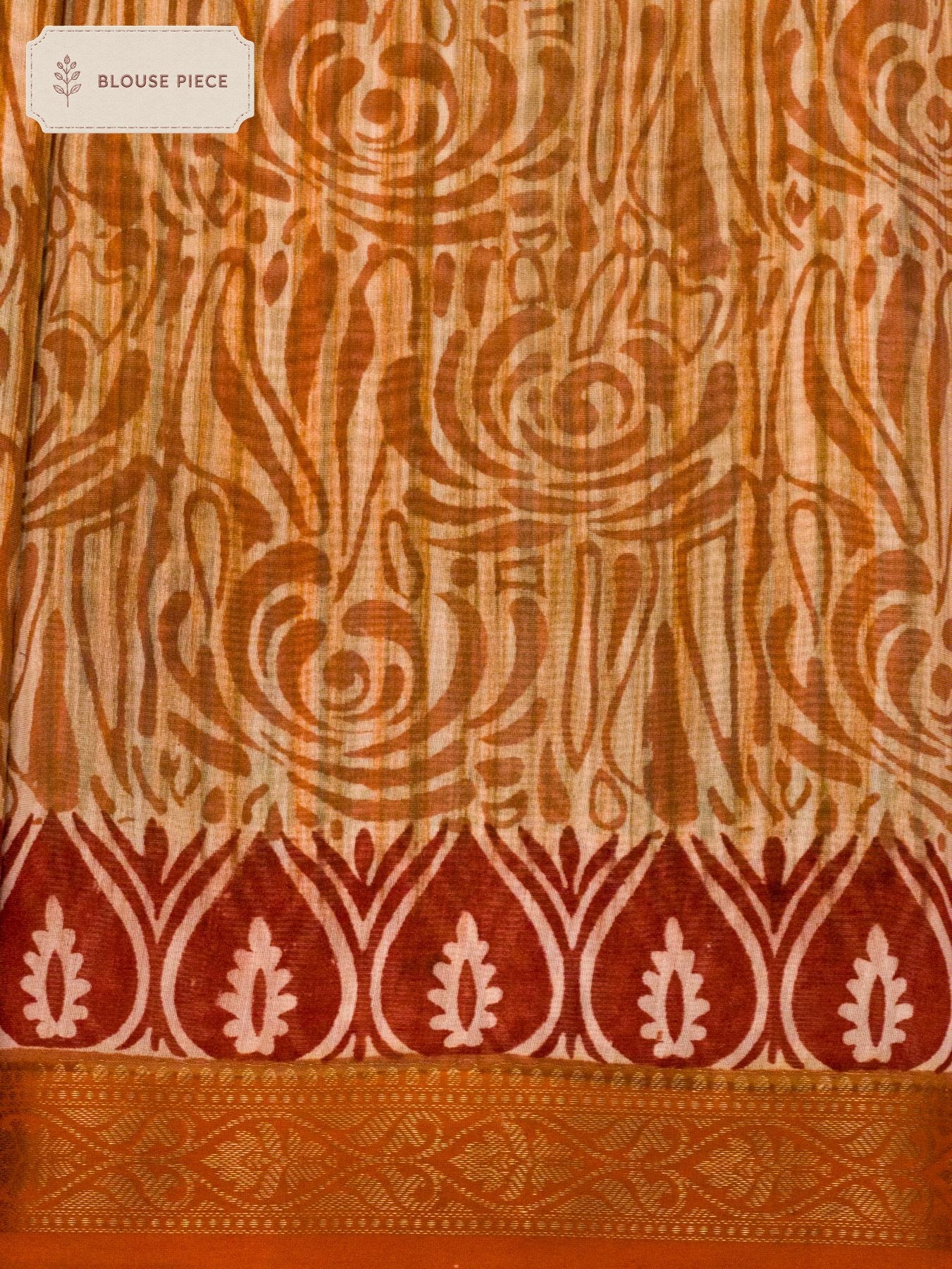 Pure Pure Silk Cotton Chanderi Orange Banarasi Hand Block Print, Reshmi Zari Maheshwari Border - close-up detail - ZARISPIRE