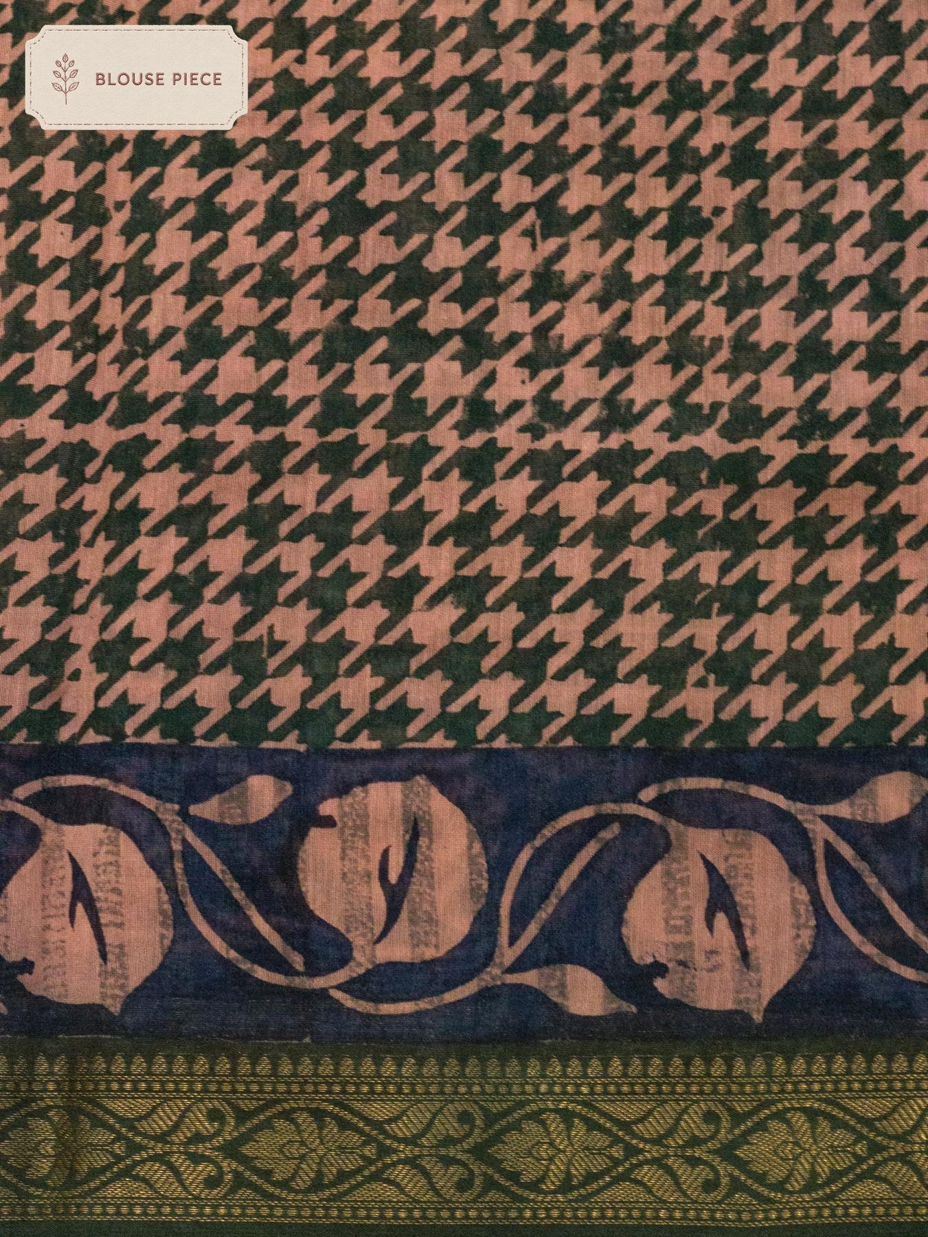Pure Chanderi Silk Cotton Blue Pink Banarasi Hand Block Print, Reshmi Zari Maheshwari Border - front view - ZARISPIRE