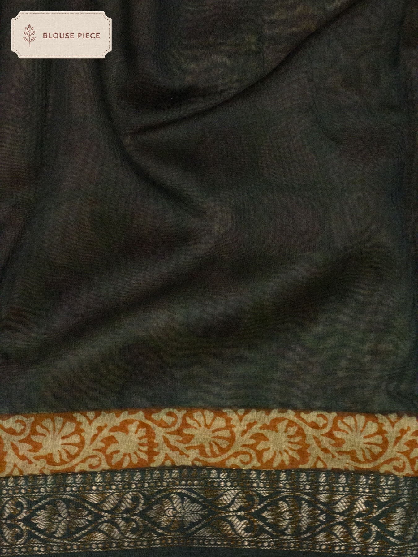 Pure Silk Cotton Chanderi Green Banarasi Hand Block Print, Reshmi Zari Maheshwari Border - close-up - ZARISPIRE