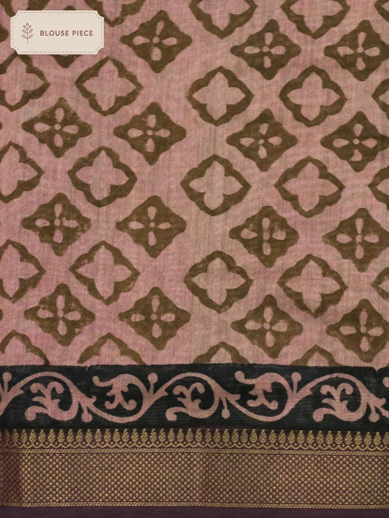 Pure Silk Cotton Chanderi Baby Pink Banarasi Hand Block Print, Reshmi Zari Maheshwari Border - close-up of - ZARISPIRE