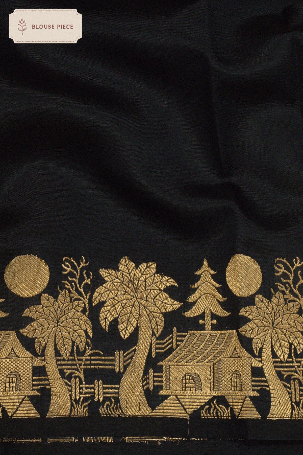 Pure Katan Silk Black Banarasi Handloom Saree with Kadhwa Zari Motif Fancy Border & Buti - fabric weave detail - ZARISPIRE