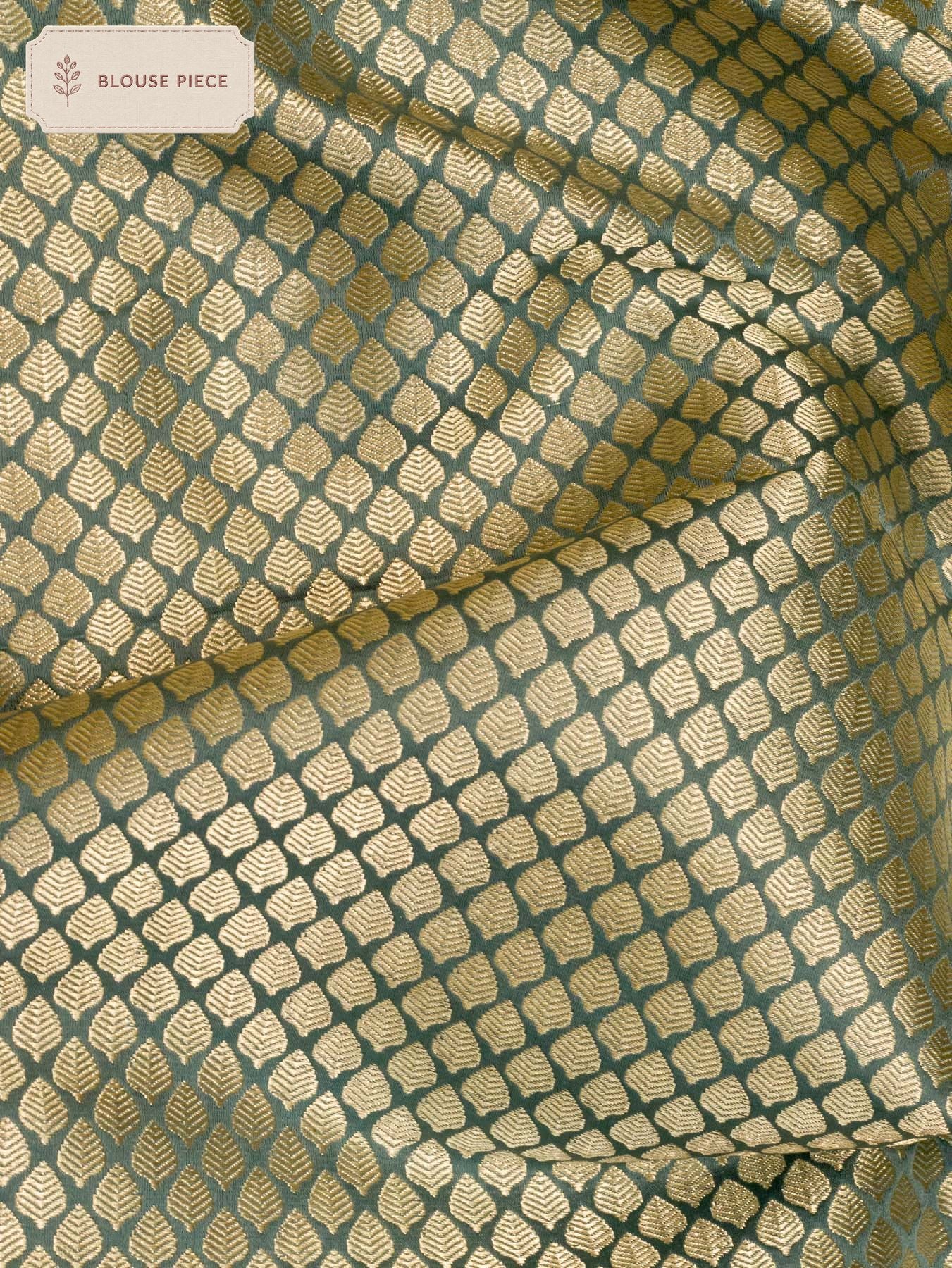 Pure Satin Silk Steel Blue Banarasi Allover Alfi Jamawar Tanchui & Zari Vasket Blouse - fabric weave detail - ZARISPIRE