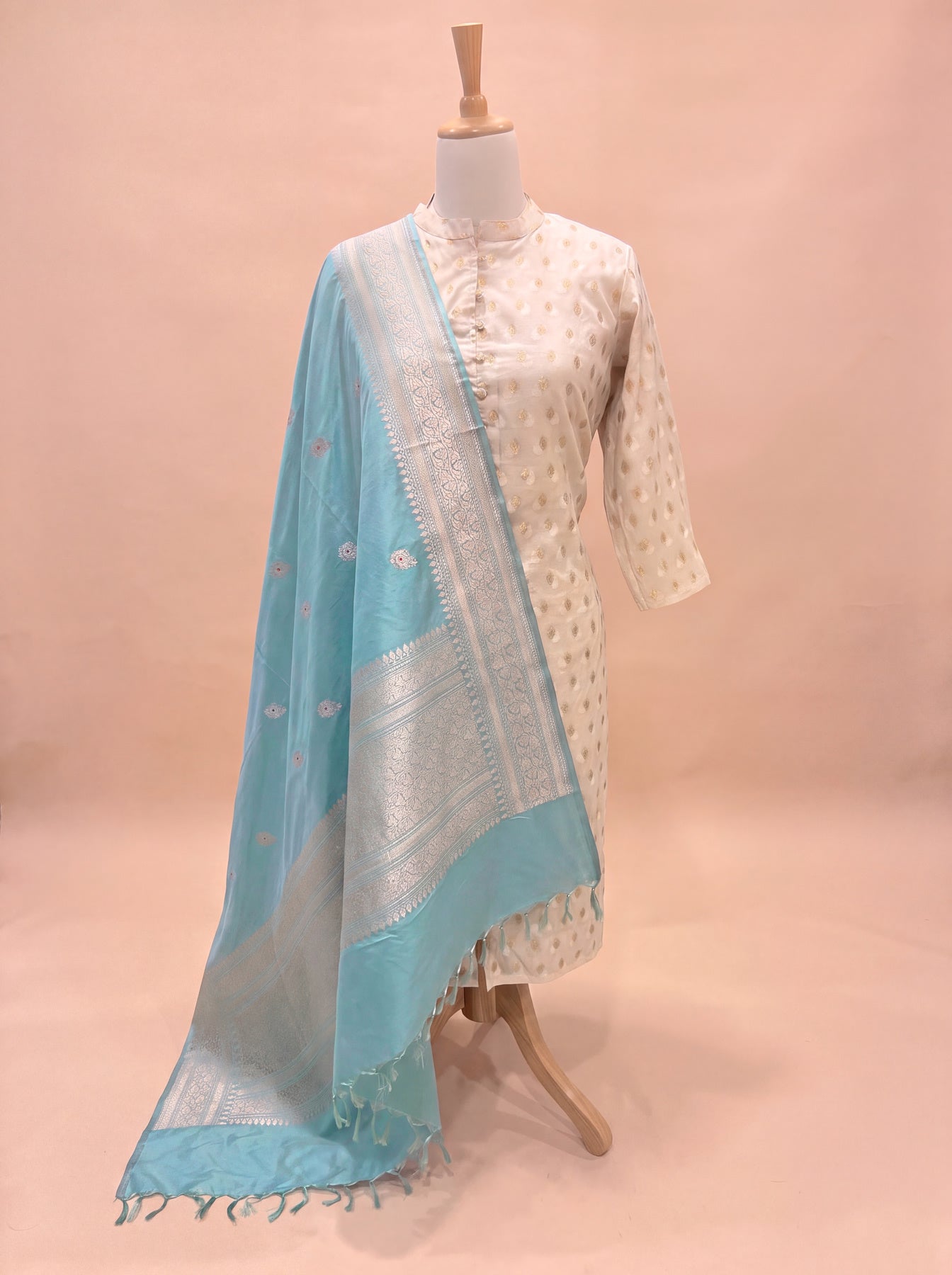 Sea Blue Pure Katan Silk Handloom Dupatta with Kadhwa Zari Meena Buti & Leaf Pattern Zari Border
