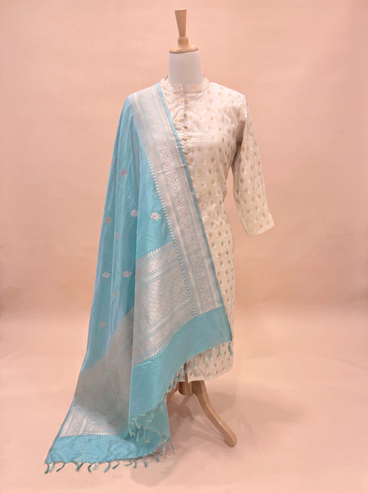 Sea Blue Pure Katan Silk Handloom Dupatta with Kadhwa Zari Meena Buti & Leaf Pattern Zari Border