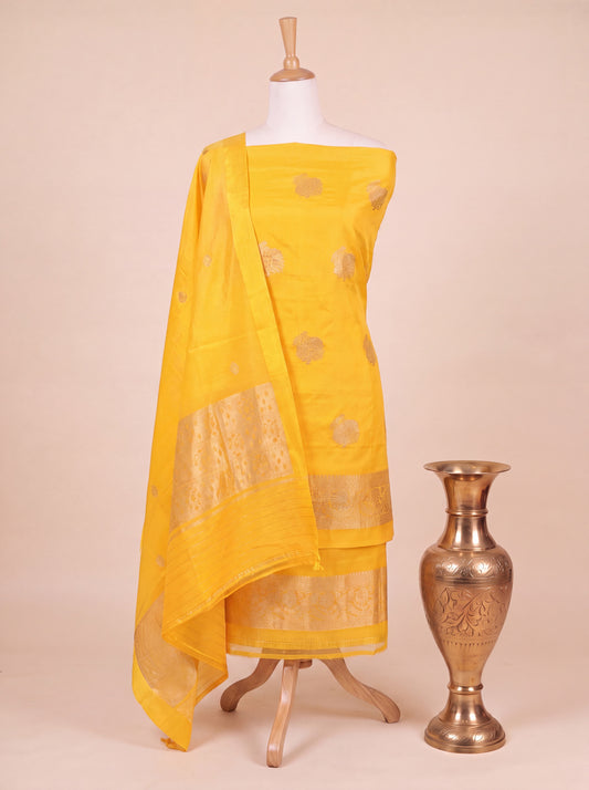 Yellow Pure Silk Chinya Handloom Suit Set with Kadhwa Gold Zari Buta – Top, Bottom & Dupatta