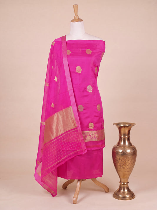 Hot Rani Pink Pure Kora Silk Handloom Suit Set with Kadhwa Gold & Silver Zari Buta – Top, Bottom & Gold Zari Kadhwa Buti Dupatta