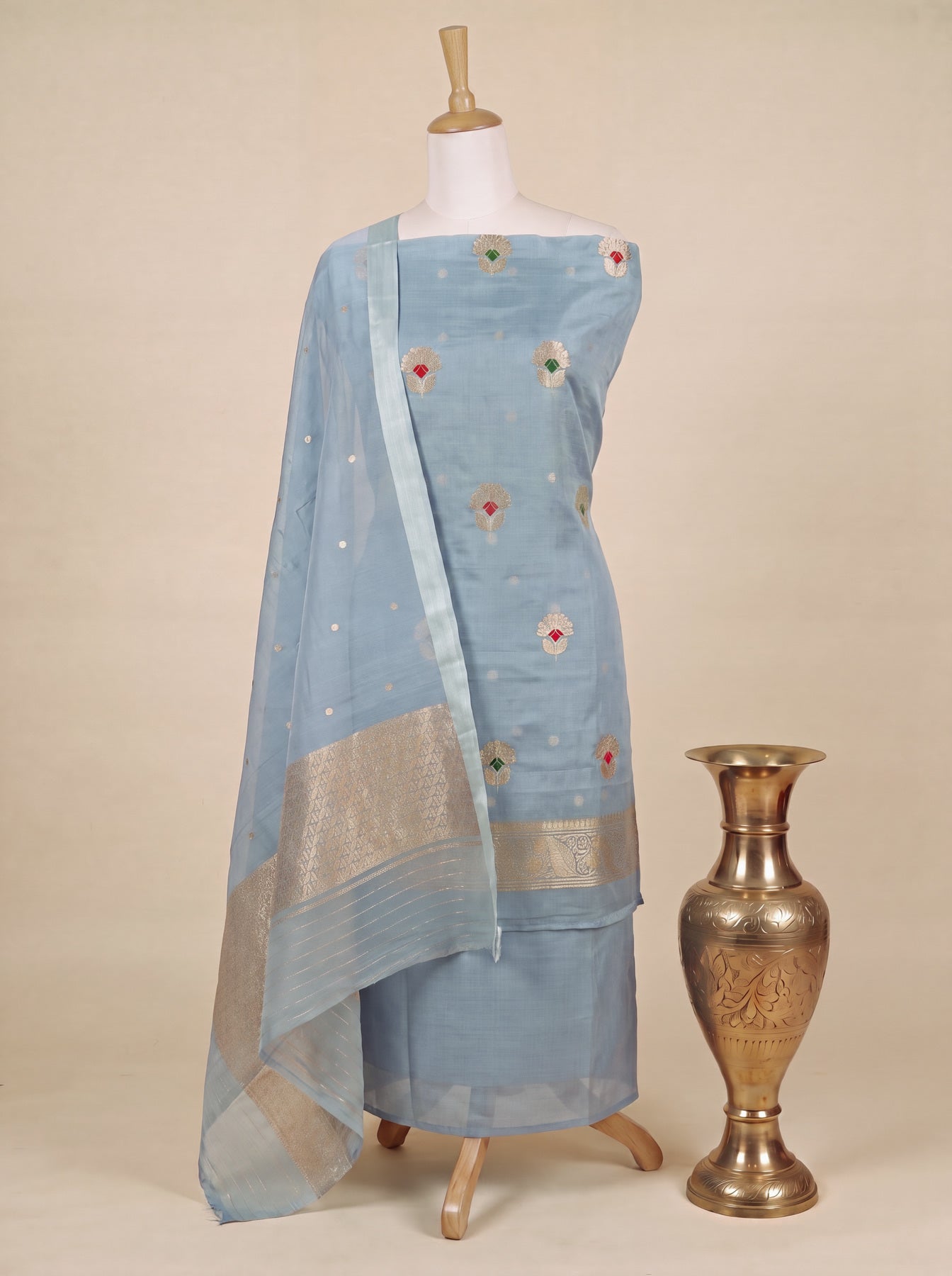 Metallic Blue Grey Pure Kora Silk Handloom Suit Set with Kadhwa Zari Meena Buta – Top, Bottom & Gold Zari Kadhwa Buti Dupatta