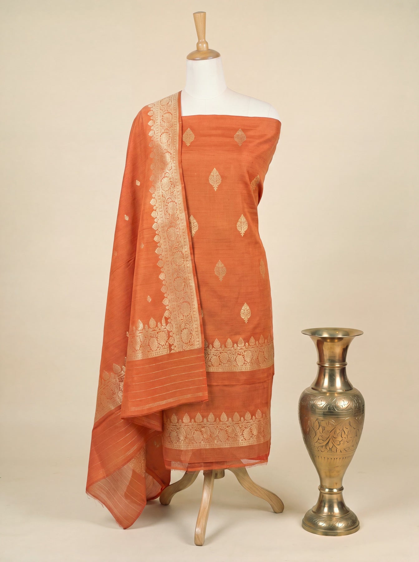 Rust Orange Pure Silk Munga Kadhwa Zari Buta Suit Set - Top Dupatta & Bottom