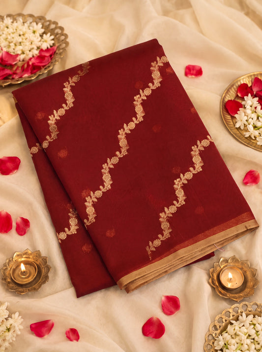 Deep Red Pure Kora Organza Silk Handloom Saree with Kadhwa Gold  Zari Aadha Jaal