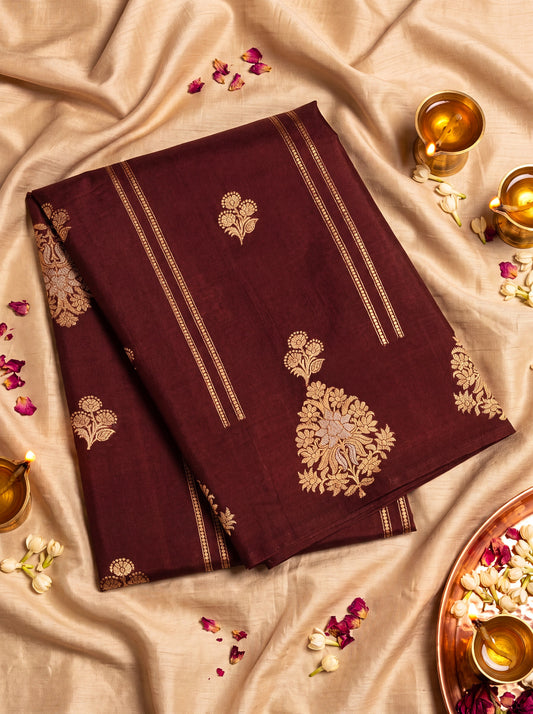 Wine Katan Silk Handloom Saree with Kadhwa Gold & Silver Zari Buta & Stripes & Satin Buti Border