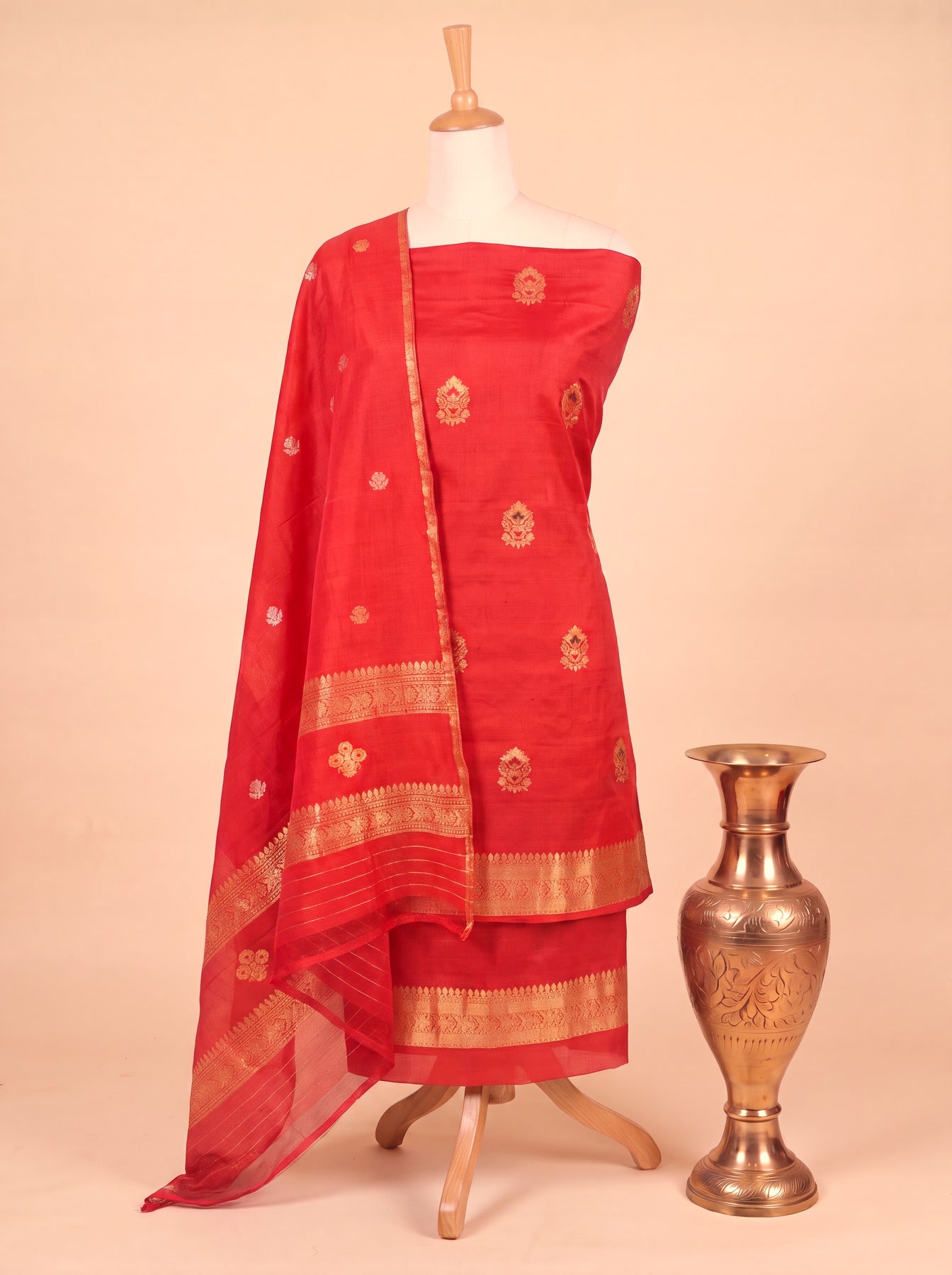 Red Pure Silk Chinya Handloom Suit Set with Kadhwa Zari Meena Buta – Top, Bottom & Dupatta