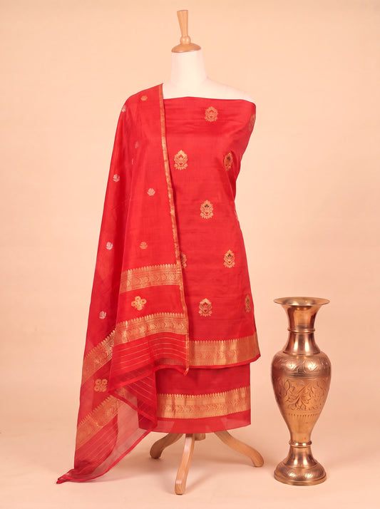 Red Pure Silk Chinya Handloom Suit Set with Kadhwa Zari Meena Buta – Top, Bottom & Dupatta