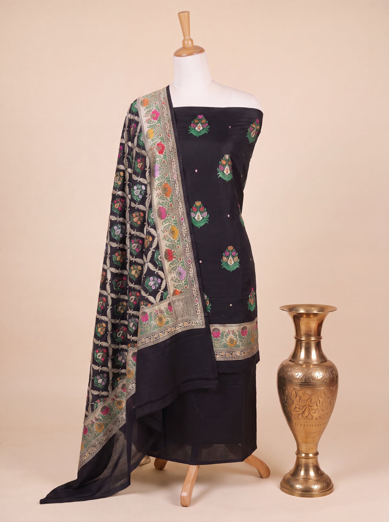 Noir Black Pure Silk Munga Khaddi Tilfi Suit Set - Top Dupatta & Bottom