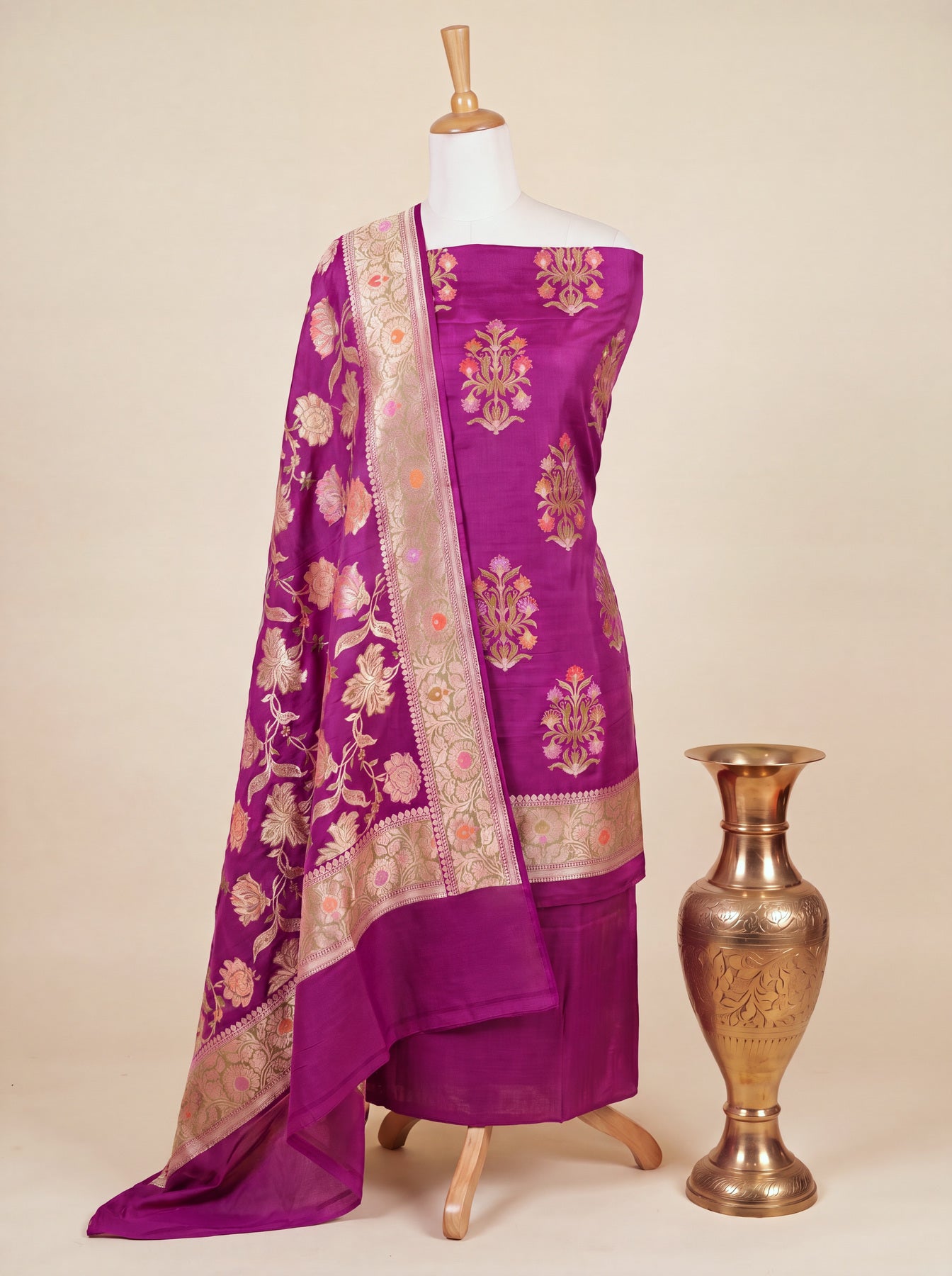Magenta Pink Pure Silk Munga Khaddi Tilfi Suit Set - Top Dupatta & Bottom